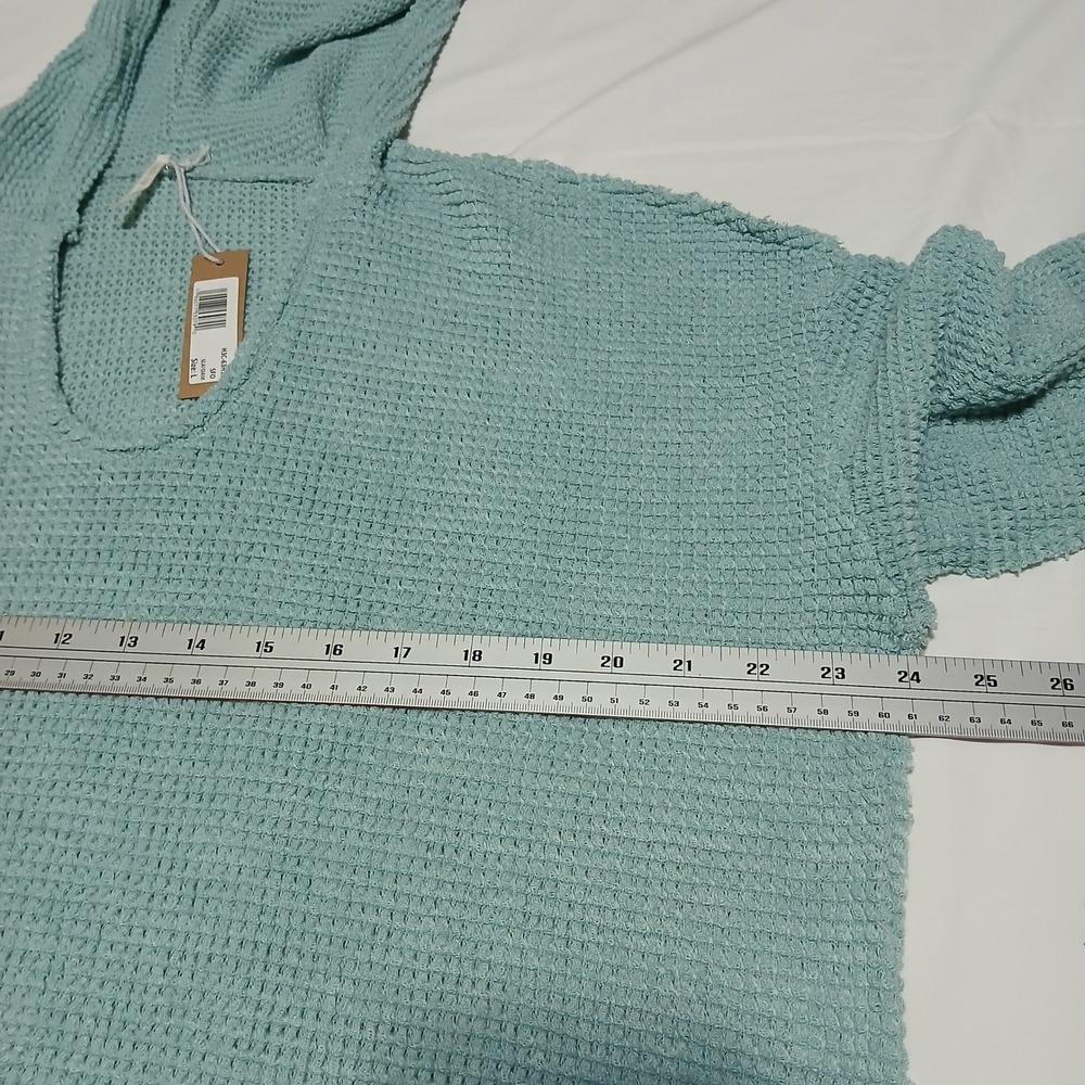 Hello Nite Seafoam Hoodie Waffle Knit Drawstring V-Neck‎ Pullover Top Size L - Picture 3 of 6